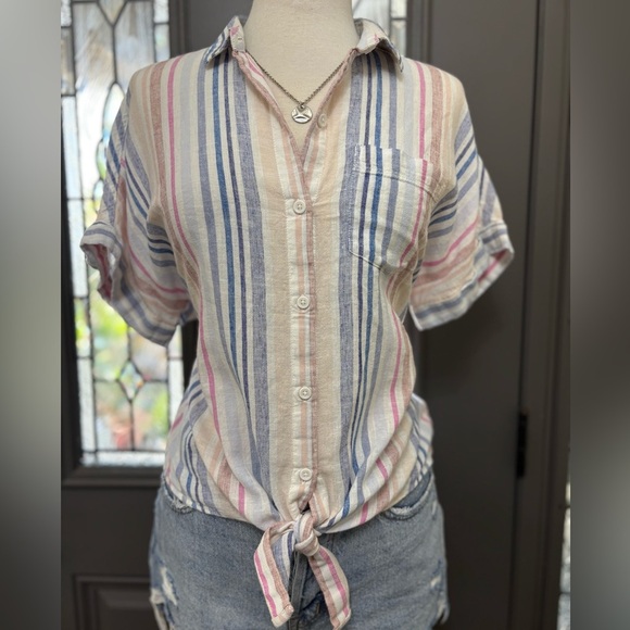 Beach Lunch Lounge Linen Blend Striped Multicolor Tie Front Shirt Size Medium - Picture 1 of 8